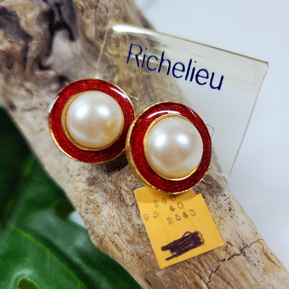 Richelieu Jewelry - Richelieu Stardust Red Enamel Faux Pearl Button Earrings‎ Clip On Orig Tags